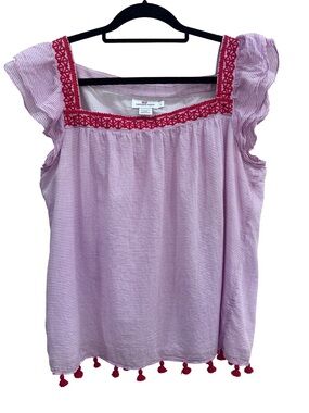 Vineyard Vines Pink Striped Square-Neck Tassel Tunic with Red Trim